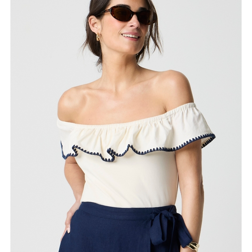 NWT J.Crew Factory Blanket-Stitch Off-Shoulder Ruffle Top Ivory Size S